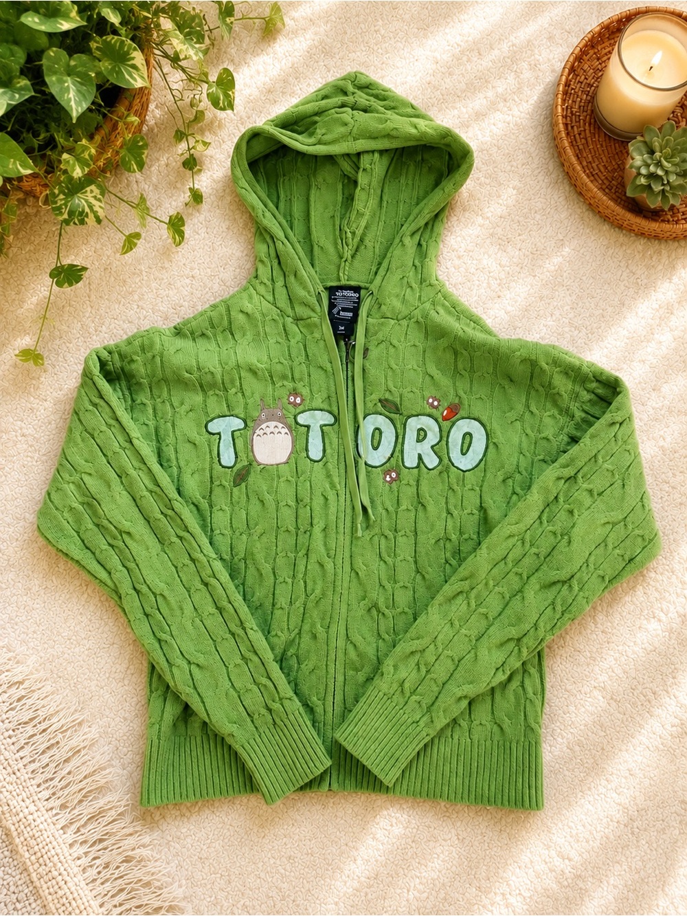 Boxlunch Studio Ghibli My Neighbor Totoro Green Cable Knit Zip Hoodie S/M